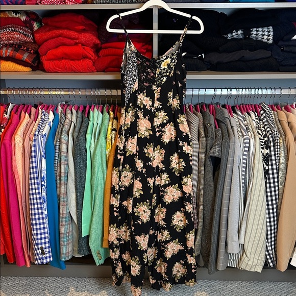 American Eagle black/pink floral patchwork print v neck back zipper jumpsuit S - Picture 3 of 3